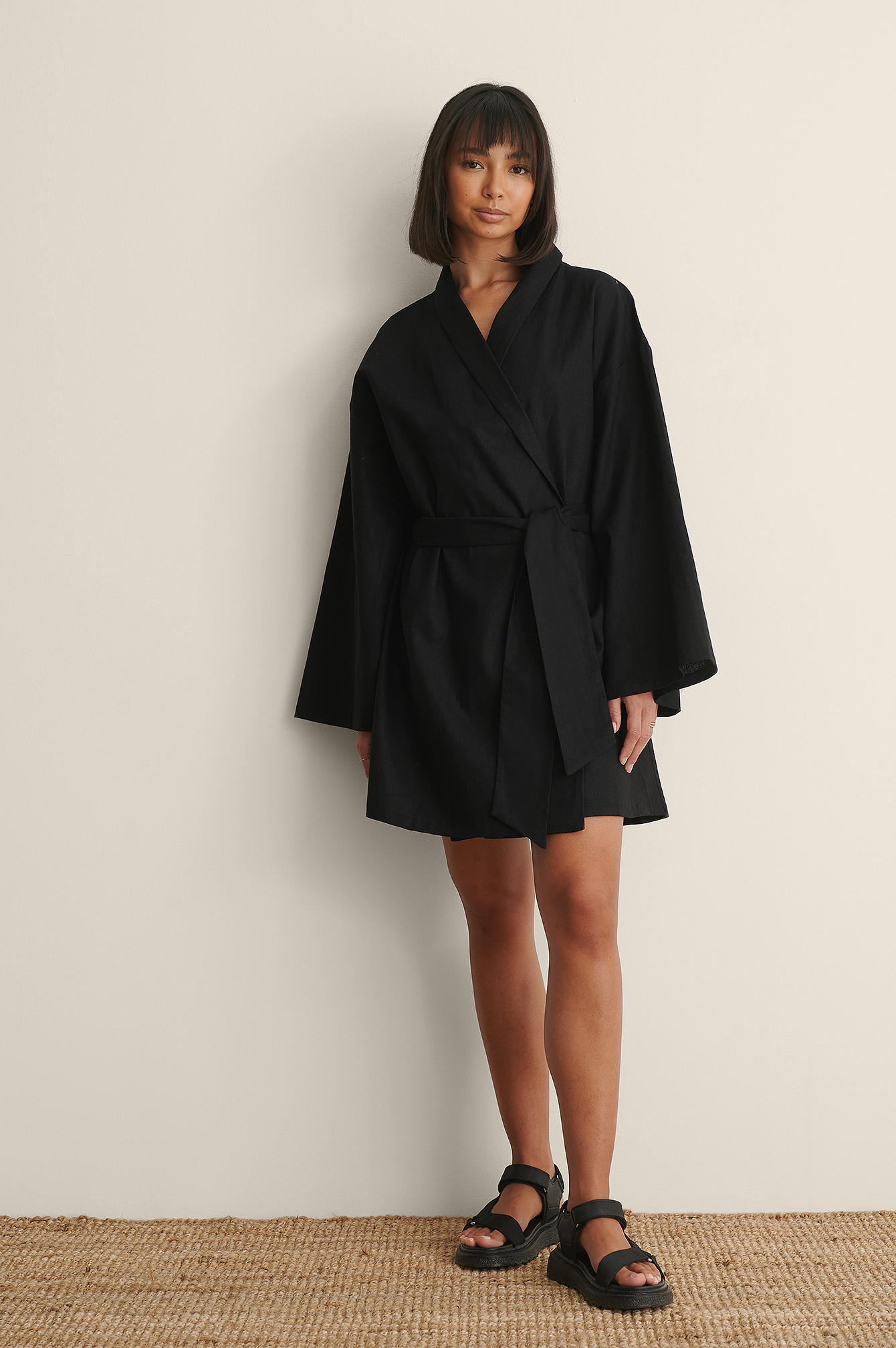 Linen Blend Mini Dress Black | na-kd.com